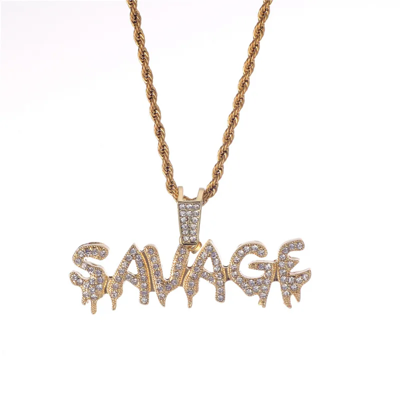 Bling Bling Savage Letter Necklace Pendant Shiny Ice Out Link