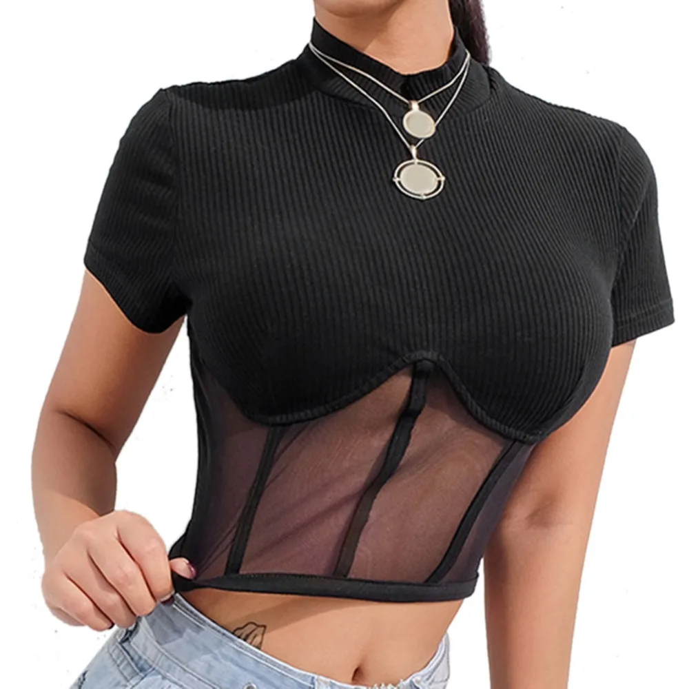 

Patchwork Black Mesh Ladies T Shirt Casual Harajuku Short Sleeve T Shirt Women Sexy Party Streetwear Crop Tops Tees Summer 2019