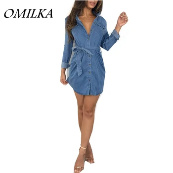 

OMILKA 2018 Autumn Winter Women Long Sleeve Button Bandage Denim Shirt Dress Sexy Blue Club Party Bodycon Mini Jeans Dress