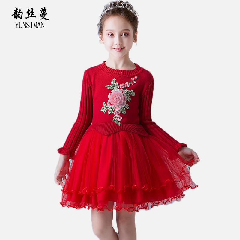 

2018 Kids Winter Sweater Dress for Girls 2 4 6 8 10 Y Long Sleeve Floral Embroidery New Red Velvet Party Princess Dresses 51K7A