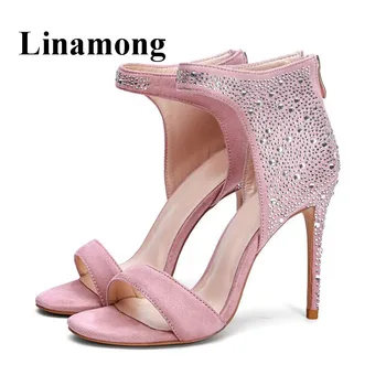 

Pink Flock Thin High Heel Bling Blingn Crystal Fashion Summer Women Sandals Rear Zpper Open Toe Elegant Temperamen Ladies Shoes