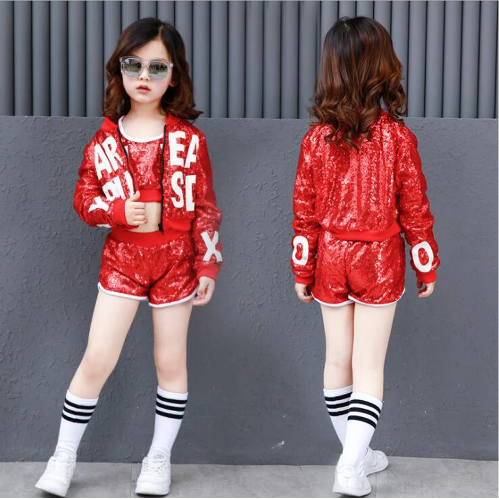 Cheap Girls Boys Red Sequin Ballroom Jazz Hip Hop Dance Performance Costumes Shirt Tops Pants for Kid Modern Party Stage wear Outfits