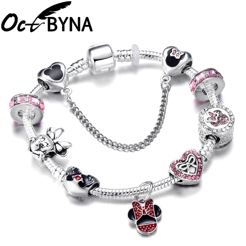 AJ3042 Octbyna 17 видов стилей бусины Микки, Минни браслеты с подвесками для женщин и девушек со змеиной цепью брендовые браслеты и браслеты ювелирные изделия - Окраска металла: AJ3042