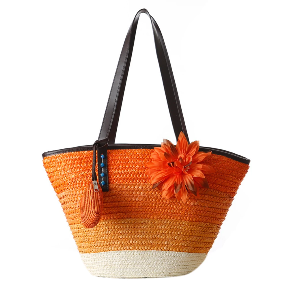 

Knitted Straw bag Summer flower Bohemian fashion women's handbags color stripes shoulder bags beach bag big tote bags(Orange)