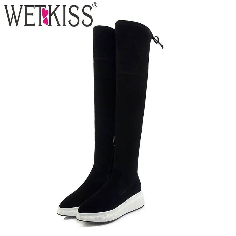

WETKISS Kid Suede Elastic Women Boots Pointed Toe Footwear Winter Stretch Female Boot Over The Knee Platfofm Shoes Woman New