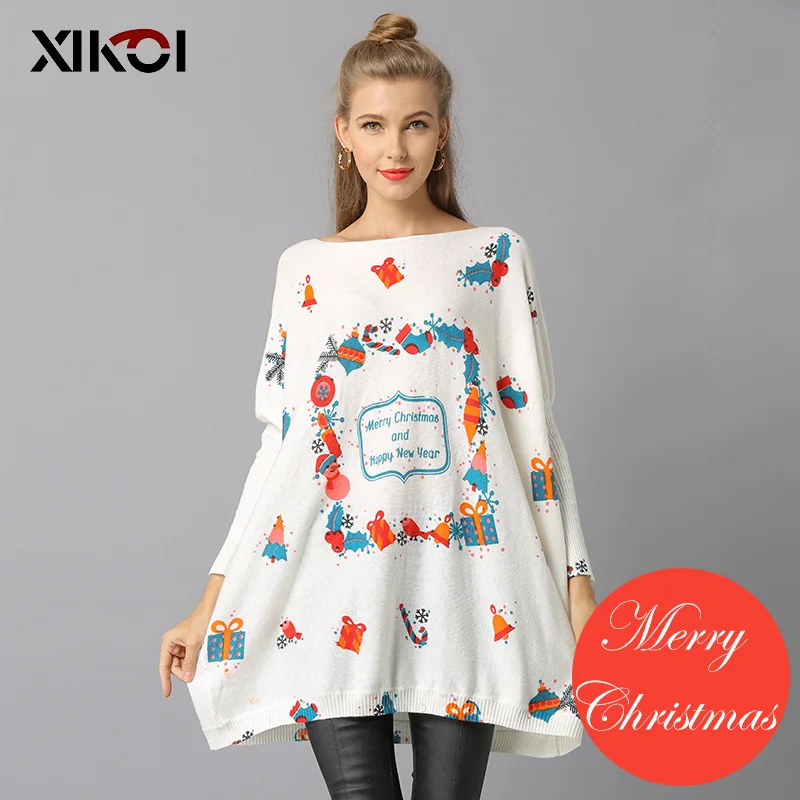 

XIKOI Woman Knitted Christmas Sweaters Batwing Sleeve Casual Gift Print Sueter Mujer Knitting Sweater Navidad Pullovers