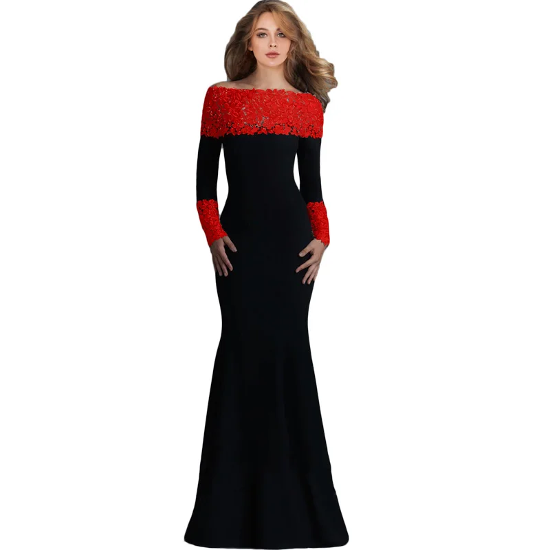 VDD1020 Women Elegant Long Sleeve Maxi Dress Boat Neck ...