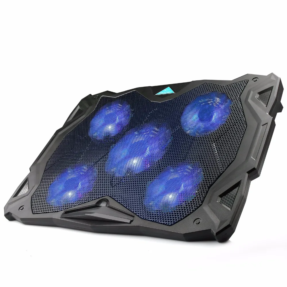 Quiet Laptop Cooling Pad Stand With 5 Fans at 1500 RPM and Blue