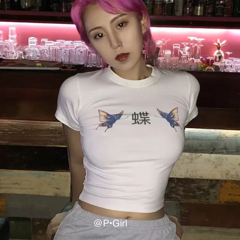 

Graphic Japanese Letter Butterfly Print White Crop Top Bandage Slim Summer Cropped Short Sleeve T-Shirt Camiset T Shirt Kawaii