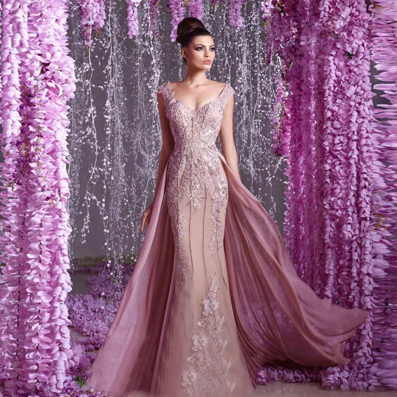 

2018 Fashion Arabic Evening Gowns Lace Applique Beads Mermaid Prom Gowns With Detachable Train Scoop Neck Sleeveless Party Dress