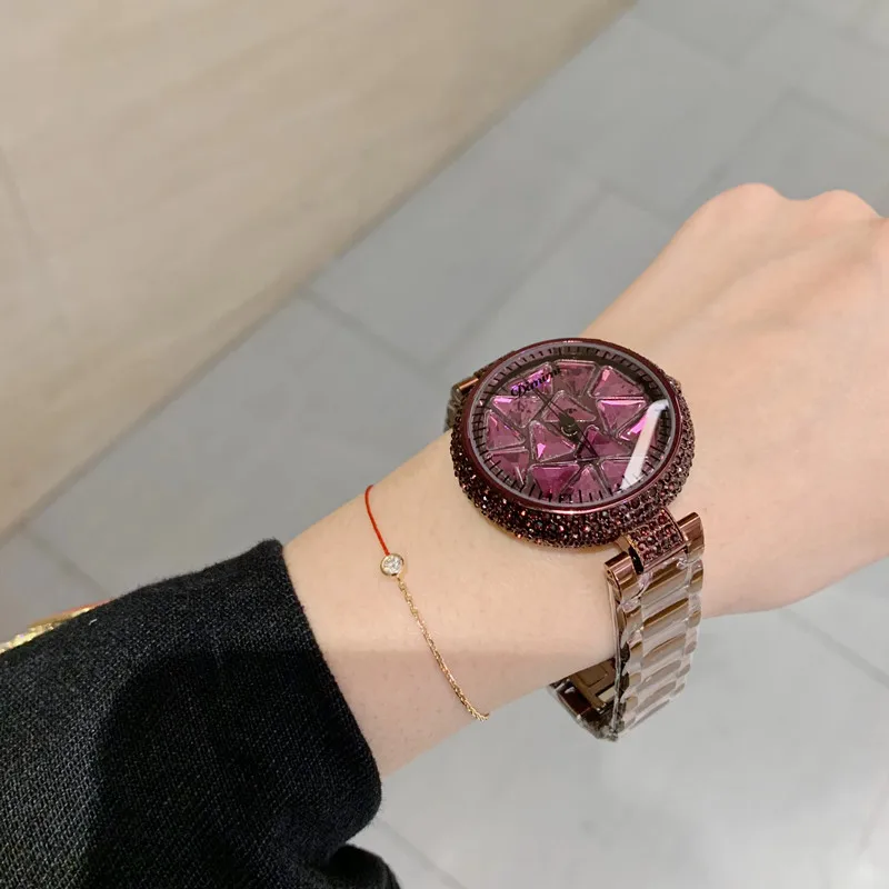 Красивый красочный Циркон часы для женщин спиннинг креативные наручные часы Кристаллы платья водонепроницаемые 316L стальные браслеты