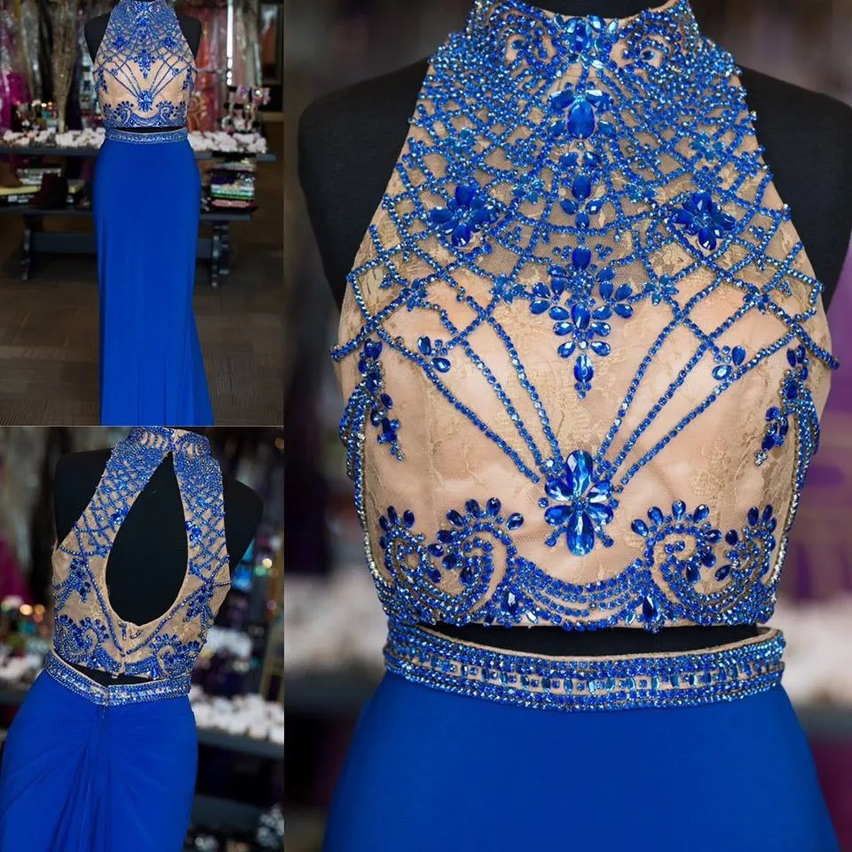 Sexy Two Pieces Sheath Crystals Chiffon Prom font b Dresses b font Beaded High Neck Sparkly