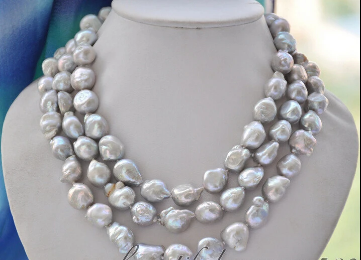

FREE shipping>>> >>Z6666 luster 3strands 13mm gray baroque keshi reborn pearl necklace 18inch