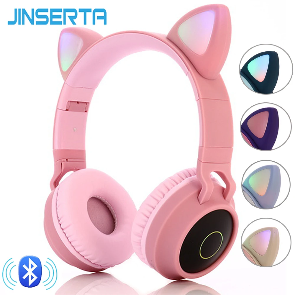 

JINSERTA Bluetooth 5.0 Stereo Cat Ear Headphones Kids Headphone Gaming Headset 3 Color Flashing Glowing Earphone With Microphone