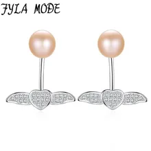 Fashion Purple White Pink 7-7.5mm Pearl Stud Earring Angel Wings Design Cz Zircon Earring For Women 925 Silver Ear Jewelry