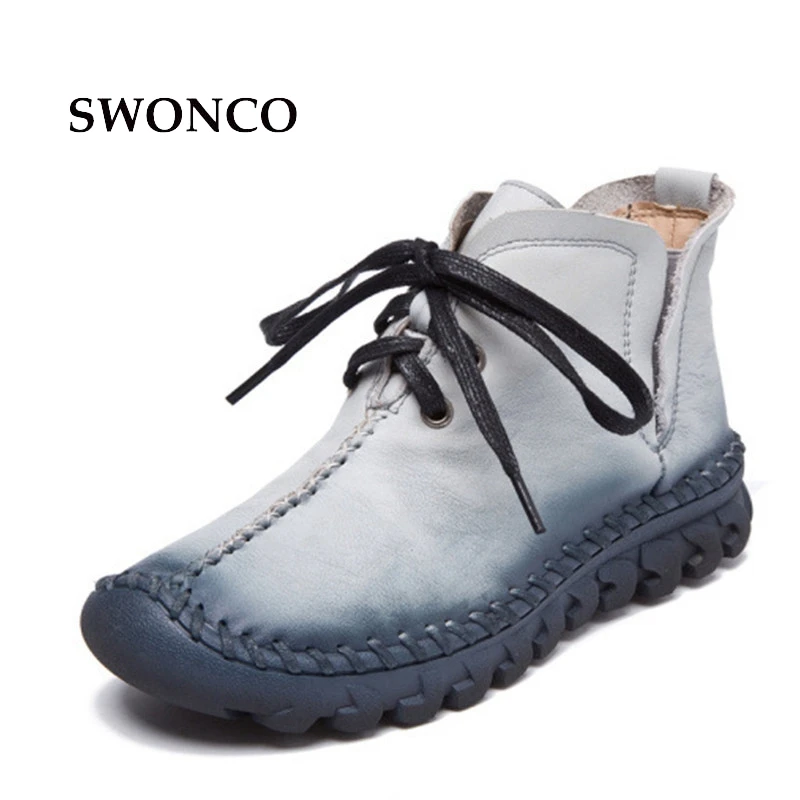 2017 New Winter Women Retro Boots Handmade Ankle Boots Flat Boots Real Genuine Leather Shoes Women Non Slip Warm Shoes