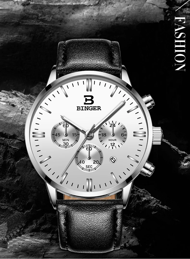 

BINGER Chronograph Casual Watch Men Luxury Brand Quartz Military Sport Watch Genuine Leather Men's Wristwatch relogio masculino