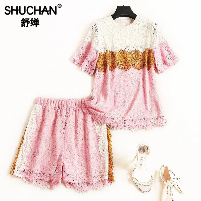 

Shuchan Summer Suit Female Lace Leisure Suits Clothes for Women Costume 2 Piece Set Tops+shorts Everyday Conjunto Feminino 12100