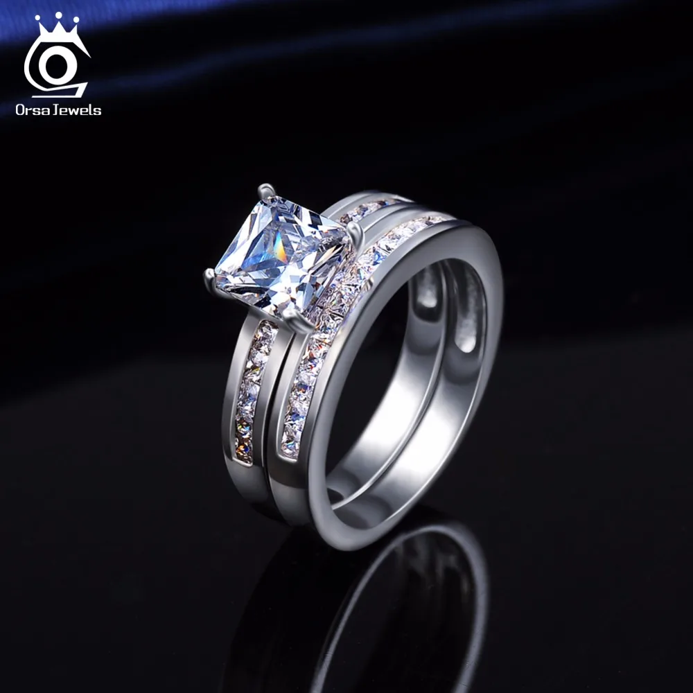 ORSA JEWELS Роскошные 1ct квадратные хрустальные свадебные наборы для свадьбы и Помолвки серебряного цвета кольца для женщин романтические циркониевые ювелирные изделия OR28