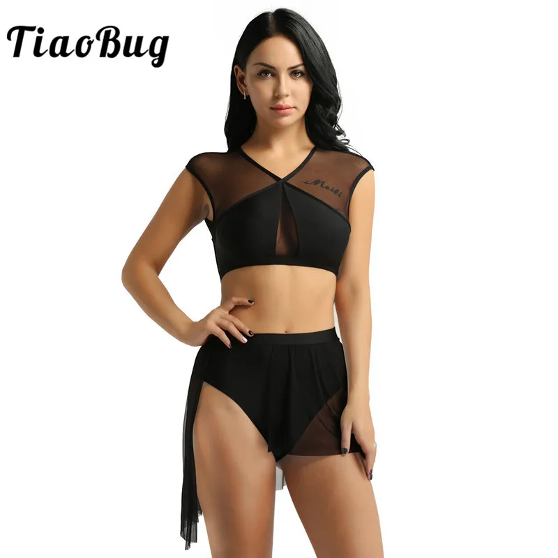 

TiaoBug Women Two-piece Sports Dance Mesh Splice Crop Top with Ballet Gymnastics Shorts Skirt Stage Lyrical Dance Costumes Set