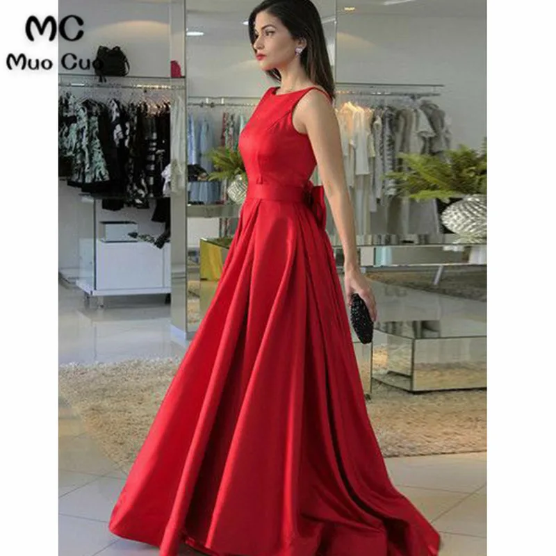 A-Line Bateau Backless Sweep Train Red Prom Dress with Bowknot54