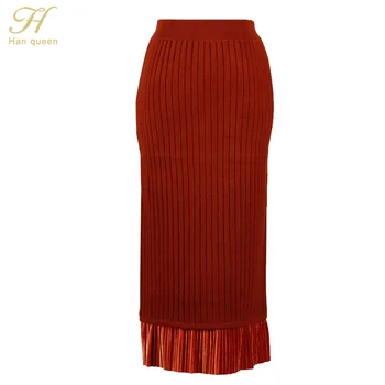 

H Han Queen 2018 High Waist Stretch Knitted Skirts Women Korean Vintage Pencil Skirt Patchwork Velvet Slim Work Casual Long Jupe