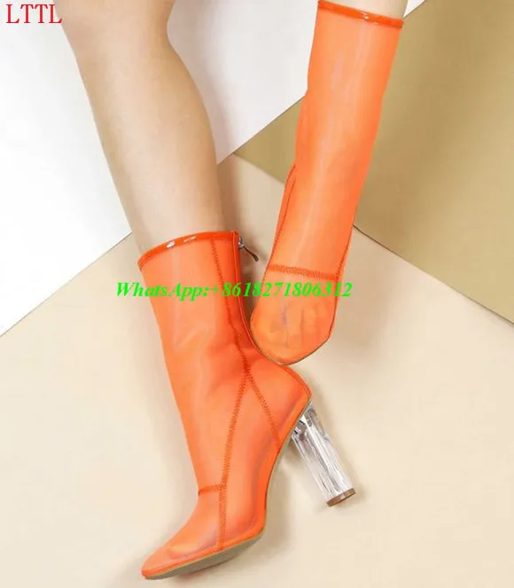 

Fashion Designer Summer Shoes Boot Clear High Heeled Zip Booties Women Sexy Transparent Heels 11cm Perspex Heel Mesh Ankle Boots