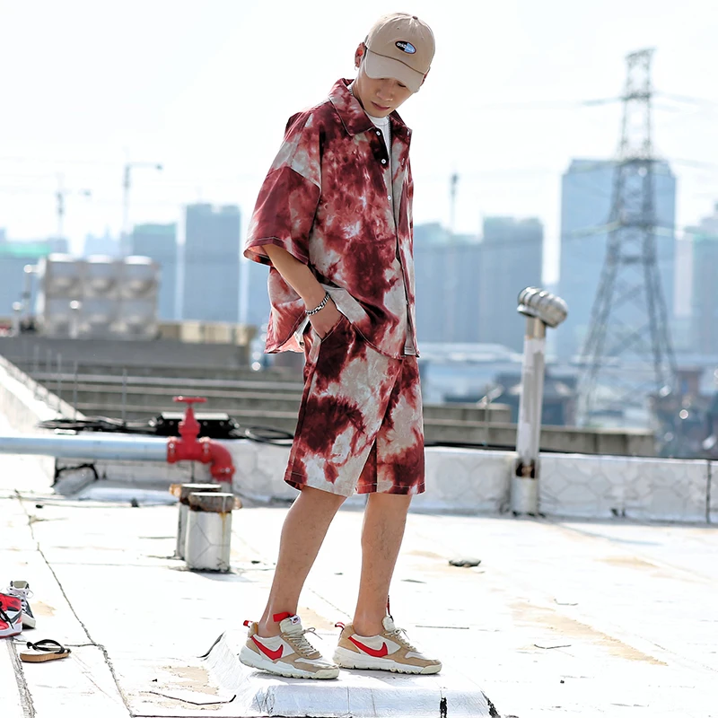 

Summer Japanese loose casual beach short sleeve shirt suit men lovers shorts with shirt