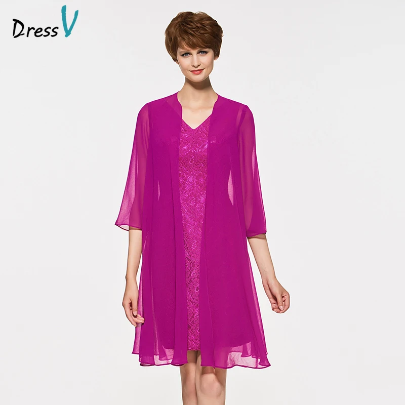 

Dressv jam knee length v neck sheath mother of bride dress with jacket 3/4 sleeves lace long mother evening gown custom