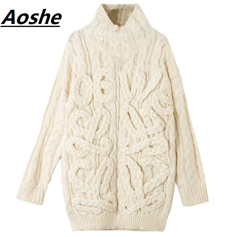 Aoshe Turtleneck Pullover 2018 Winter Thick 3D Twist Crochet Loose Cool Long Knitted Sweaters Women Batwing Sleeve Jumper | Женская