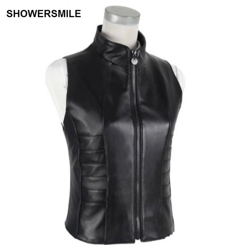 SHOWERSMILE Black Genuine Leather Vest Womens Real Sheepskin Waistcoat Sleeveless Jacket With Zipper Short Slim Gilet