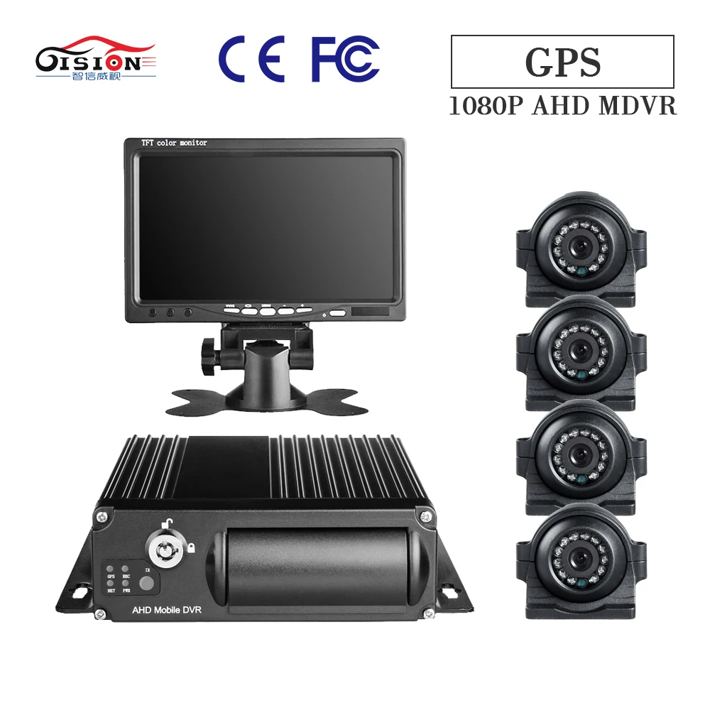 

GISION 4CH SD Card GPS Mobile dvr 4PCS 2.0MP Waterproof Metal Side Security Camera ,7 Inch VGA Monitor For Truck Taxi School Bus
