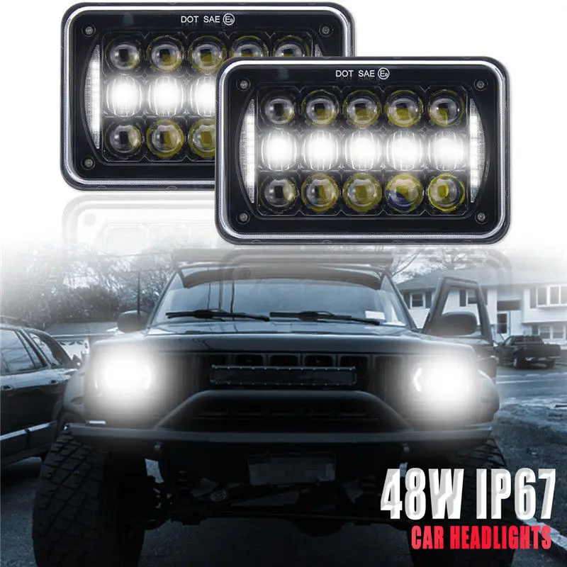 4X6 Car Led Headlight Square Light White Halo DRL Sealed Highlow Beam Replacement For Ford Trucks Offrord