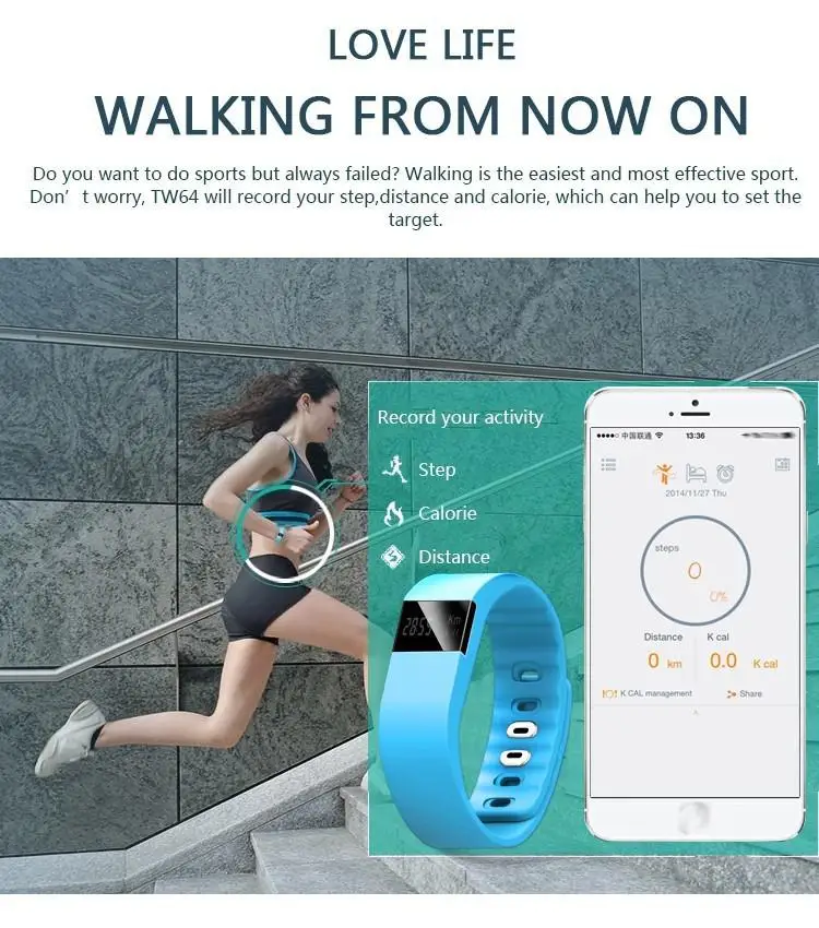 Смарт-Браслет TW64 Bluetooth Шагомер монитор сна фитнес-трекер часы спортивный браслет Smartband для iOS/Android телефона