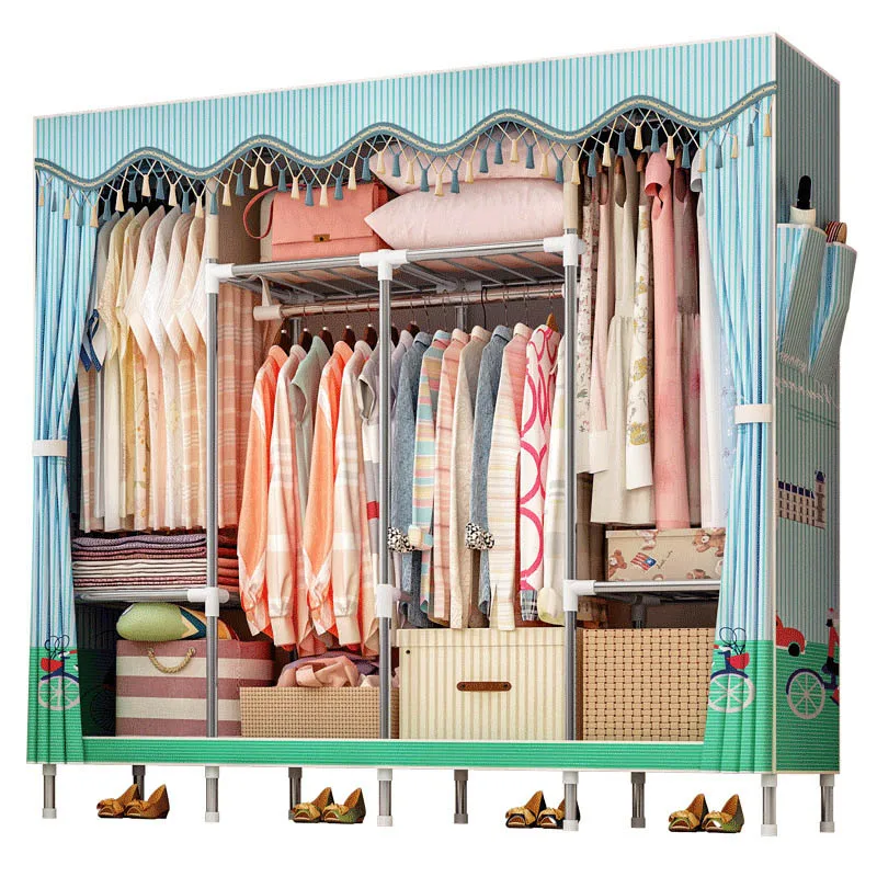 19MM Thicken Steel Pipe Simple Cloth Wardrobe Peach Skin Velvet Dust-proof Closet Storage Cabinet Home Furniture