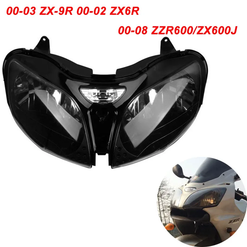 

For Kawasaki 2000-2003 ZX-9R 2000-2002 ZX6R 2000-2008 ZZR600/ZX600J Motorcycle Front Headlight Head Light Lamp Headlamp CLEAR