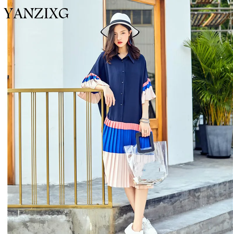 

2019 Summer Clothes For Women Half Flare Sleeve Dress Overknee Pleated Pendulum Contrast Color Dress Loose Casual W739