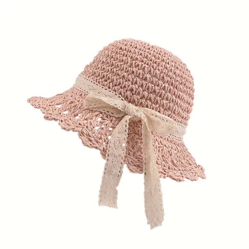 Bow Baby Girl Straw Sun Hat Hollow Breathable Cool Fedora Cap for Princess Sunshade Summer Beach with Wide Brim Sweat Band and Chinstrap (5)
