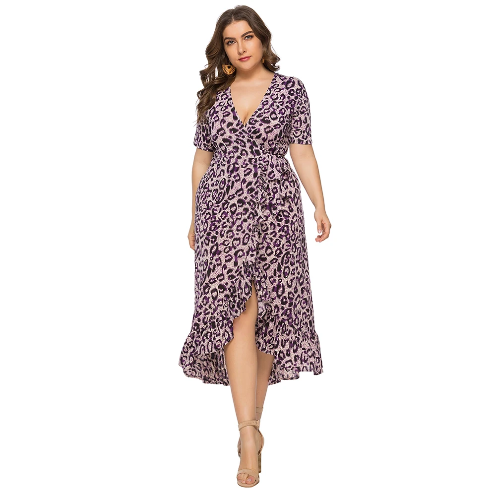 Женское модное леопардовое плиссированное платье размера плюс 6XL с v-образным вырезом, Сексуальные клубные вечерние платья с разрезом, повседневное летнее платье OL Vestido