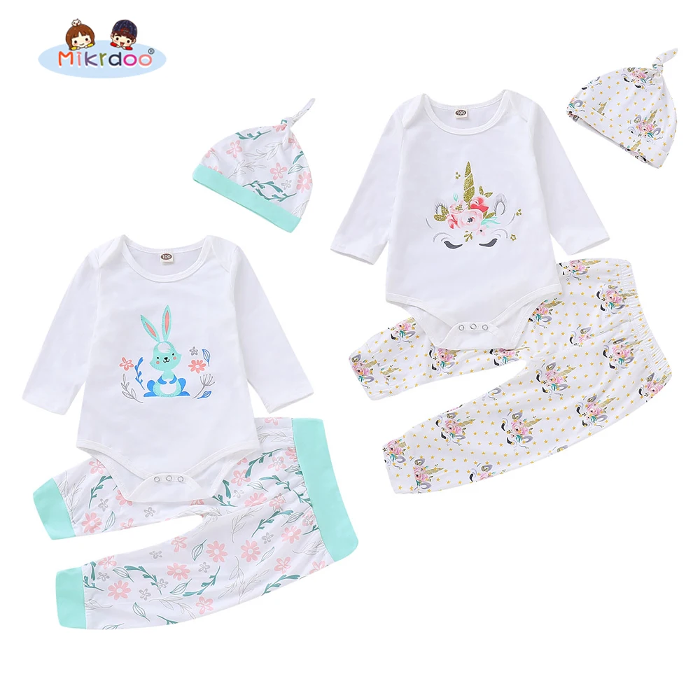 

Toddler Baby Boys Girls Cartoon Clothes Set Rabbit Elephants Print Long Sleeve Romper Pant Hat 3PCS Outfit Clothing