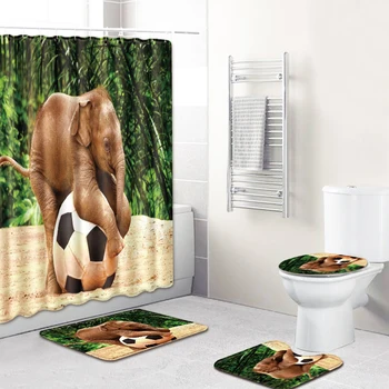 

Modern Waterproof Shower Curtain/Bath Mat/Toilet Pad Set Anti-slip Toilet 3D Elephant Pattern Carpet Flannel Bath Mat Set