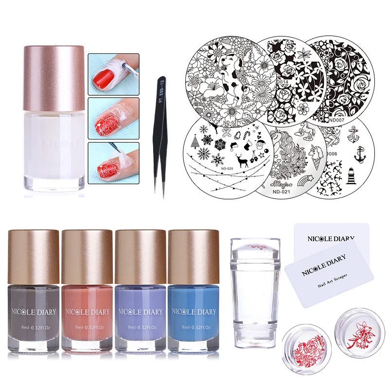 

6 Bottles NICOLE DIARY Stamping Polish with Stamp Image Plates Clear Stamper Scrapers White Nail Art Latex Liquid Tape Set