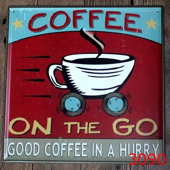 

Square Shape Tin Sign Coffee On The Go printing Metal Plaque Wall Sticker Coffee Bar Tin Sign Decor