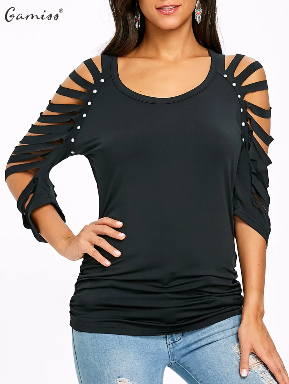 

Wipalo Women Cut Out Rivet Tops Scoop Neck Ripped Raglan Sleeve T-Shirt Three Quarter Elastic Lady Sexy Shirts Tees Slim Shirts