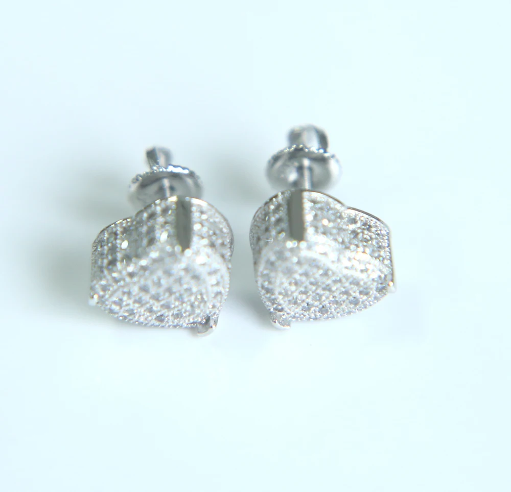 fine jewelry silver color screwback heart shape micro pave zircon cz valentine gift women hip hop earring