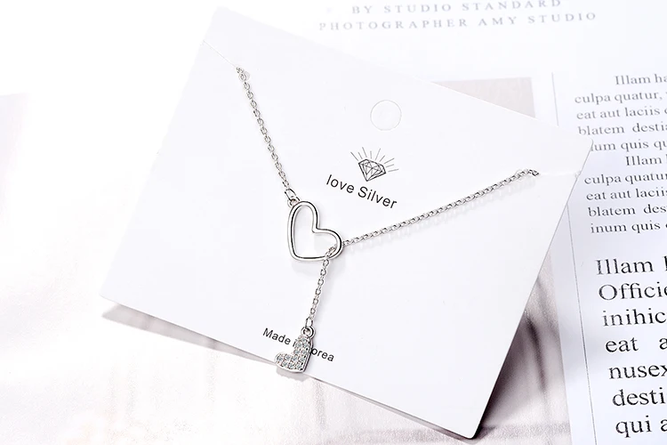 Anenjery Zircon Double Love Heart Adjustable Short Sweater Chain Necklace For Women 925 Sterling Silver Necklace S-N323