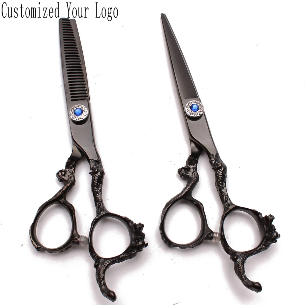 

5.5" Engrave Logo 440C Black Hair Scissors Cutting Shears Thinning Shears Dragon Handle Hairdresser's Scissors Barber Shop C9003