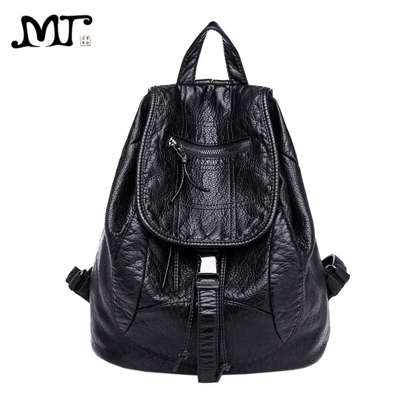 MJ Soft Leather Women Backpack Large Travel Bag PU Leather Female Daypack Black Backpack School ...