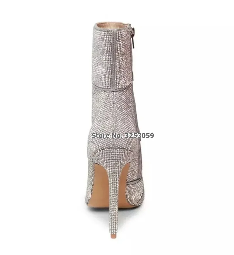 ALMUDENA/наивысшего качества Серебристые украшенные кристаллами ботильоны на тонком высоком каблуке шикарные стразы короткие сапоги на молнии сверкающие свадебные туфли