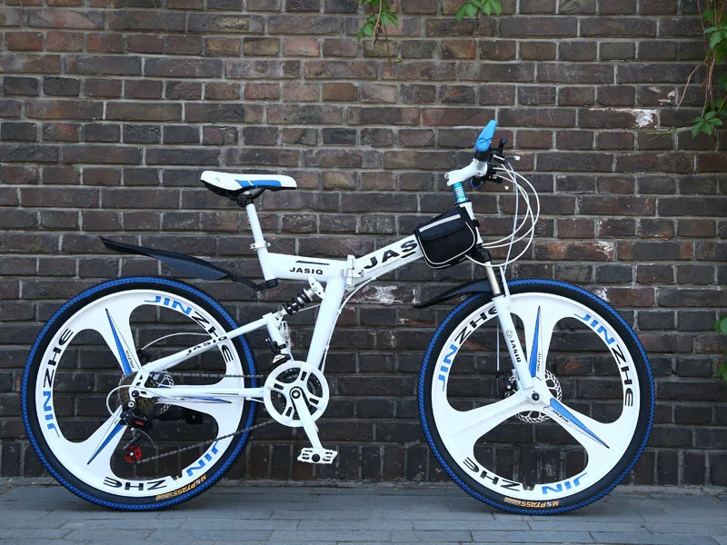26 дюймов горный велосипед 21 скорость складной горный велосипед двойной дисковый тормоз велосипед складной горный велосипед подходит для взрослых - Цвет: S White and blue